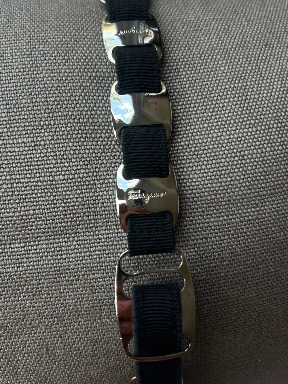 Salvatore Ferragamo Vara Chain Link Grosgrain Belt Black Silver Made in Italy